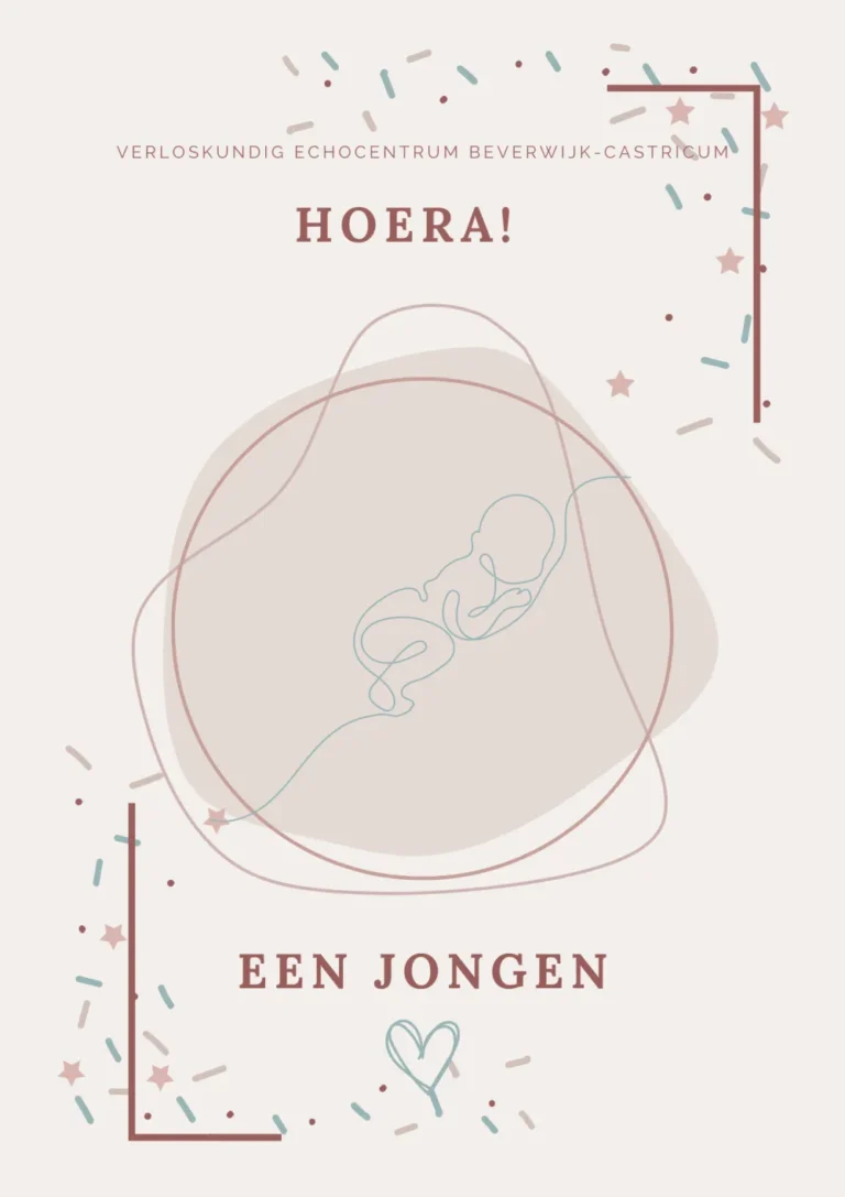 Kaartje van Verloskundig Echocentrum Beverwijk-Castricum met de tekst 'Hoera! Een jongen' en een lijntekening van een baby