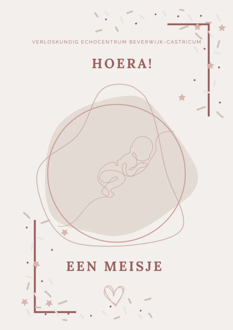 Kaartje van Verloskundig Echocentrum Beverwijk-Castricum met de tekst 'Hoera! Een meisje' en een lijntekening van een baby